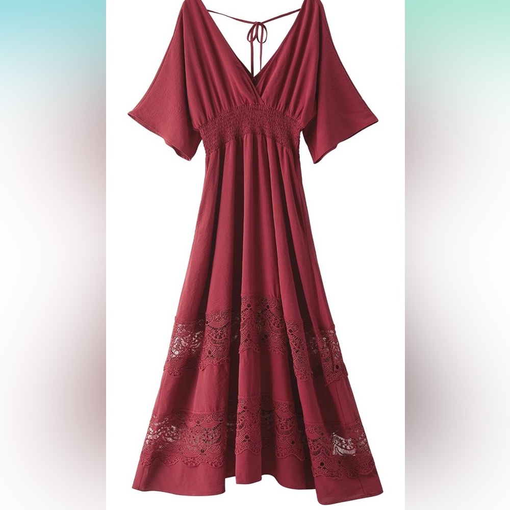 Olaesa Women's Lace Short Sleeve V Neck Smocked Waist Boho Maxi Bohemian Dress